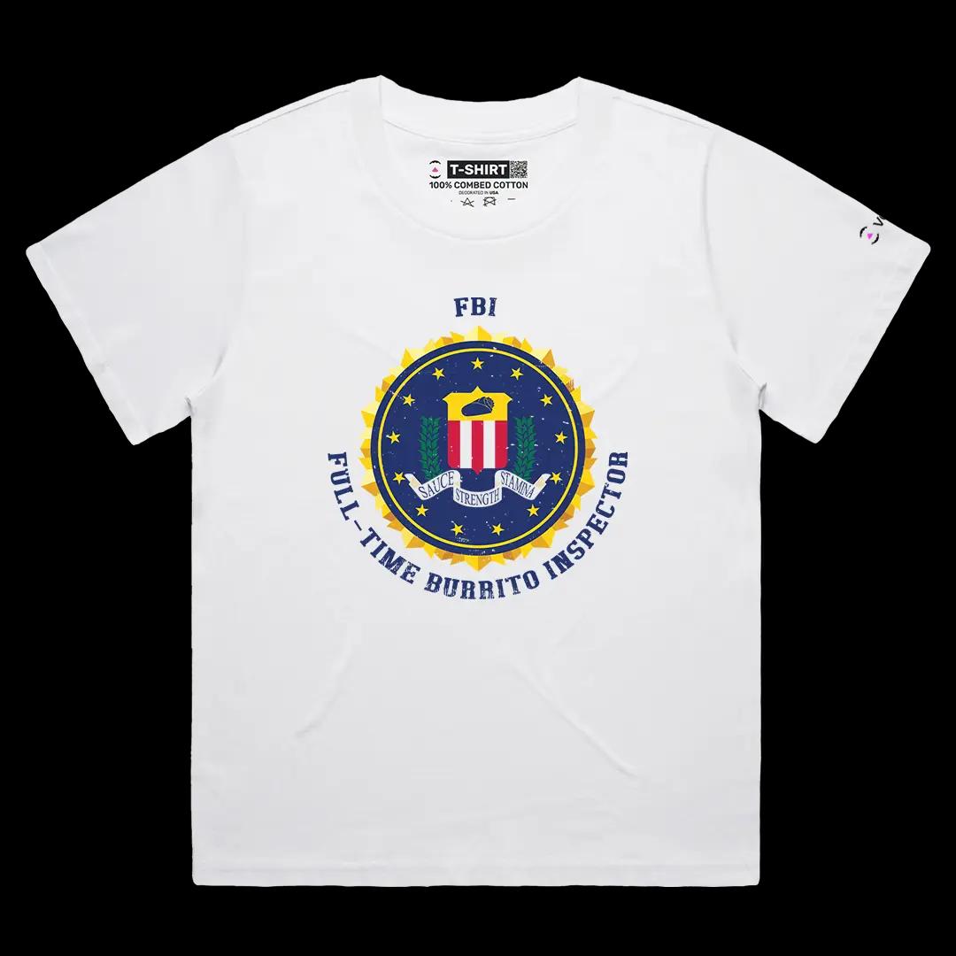 VOICEART White Female Loose FBI Full Time Burrito Inspector Funny Graphic Tee with a Meme Short Sleeve Cotton T-Shirt