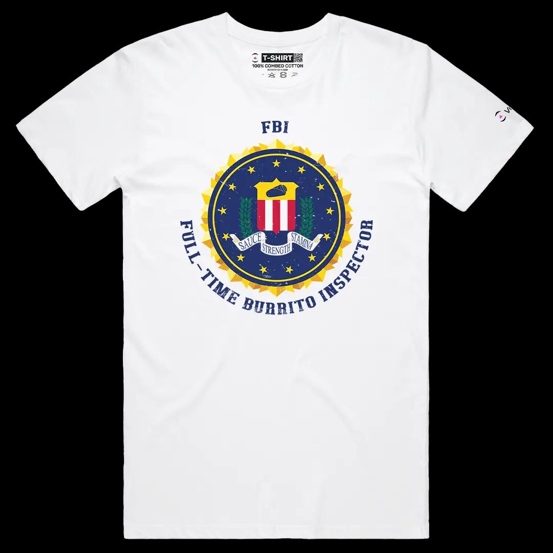 VOICEART White Male Regular FBI Full Time Burrito Inspector Funny Graphic Tee with a Meme Short Sleeve Cotton T-Shirt