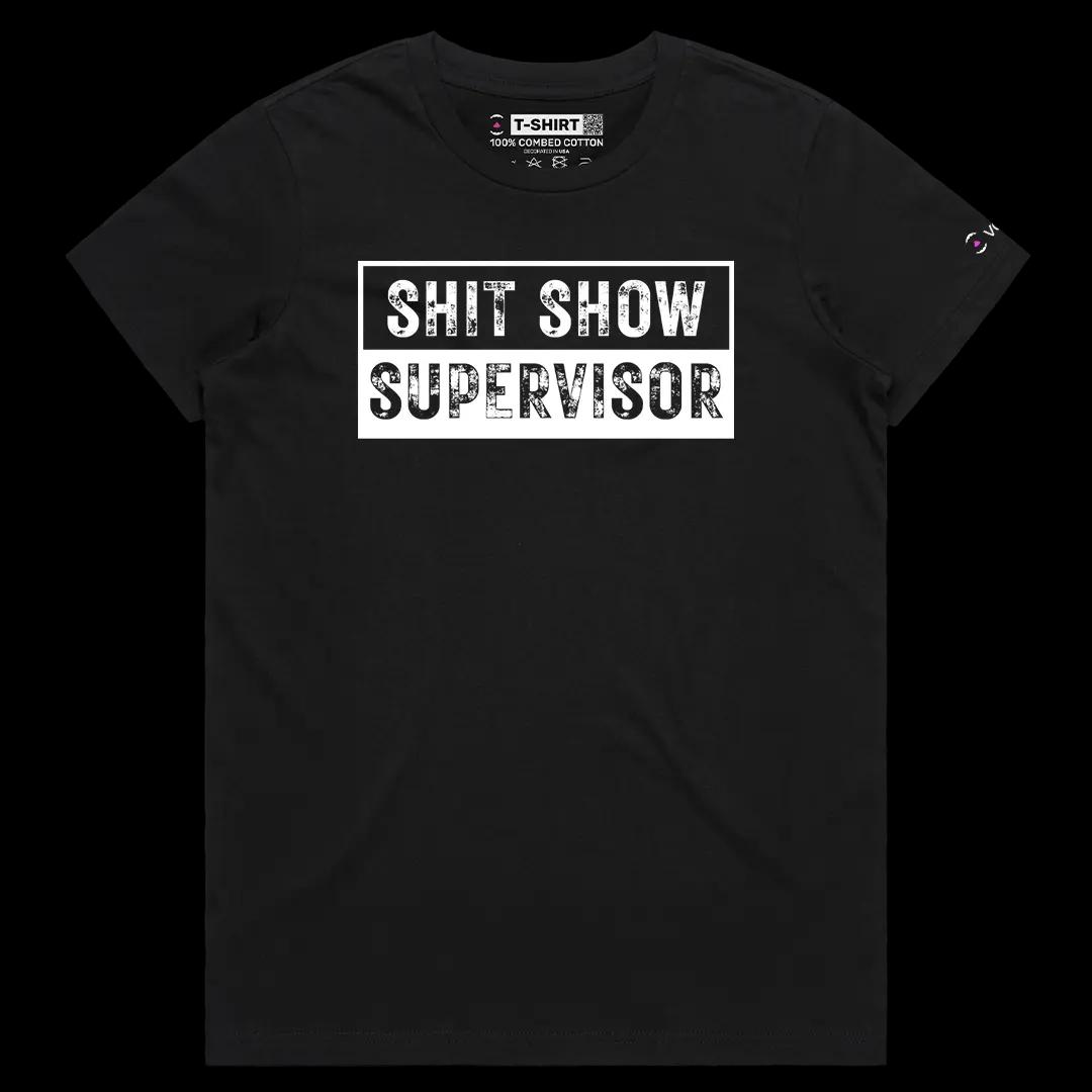 VOICEART Black Female Regular Shit Show Supervisor Funny Graphic Tee with Sarcastic Joke Short Sleeve Cotton T-Shirt