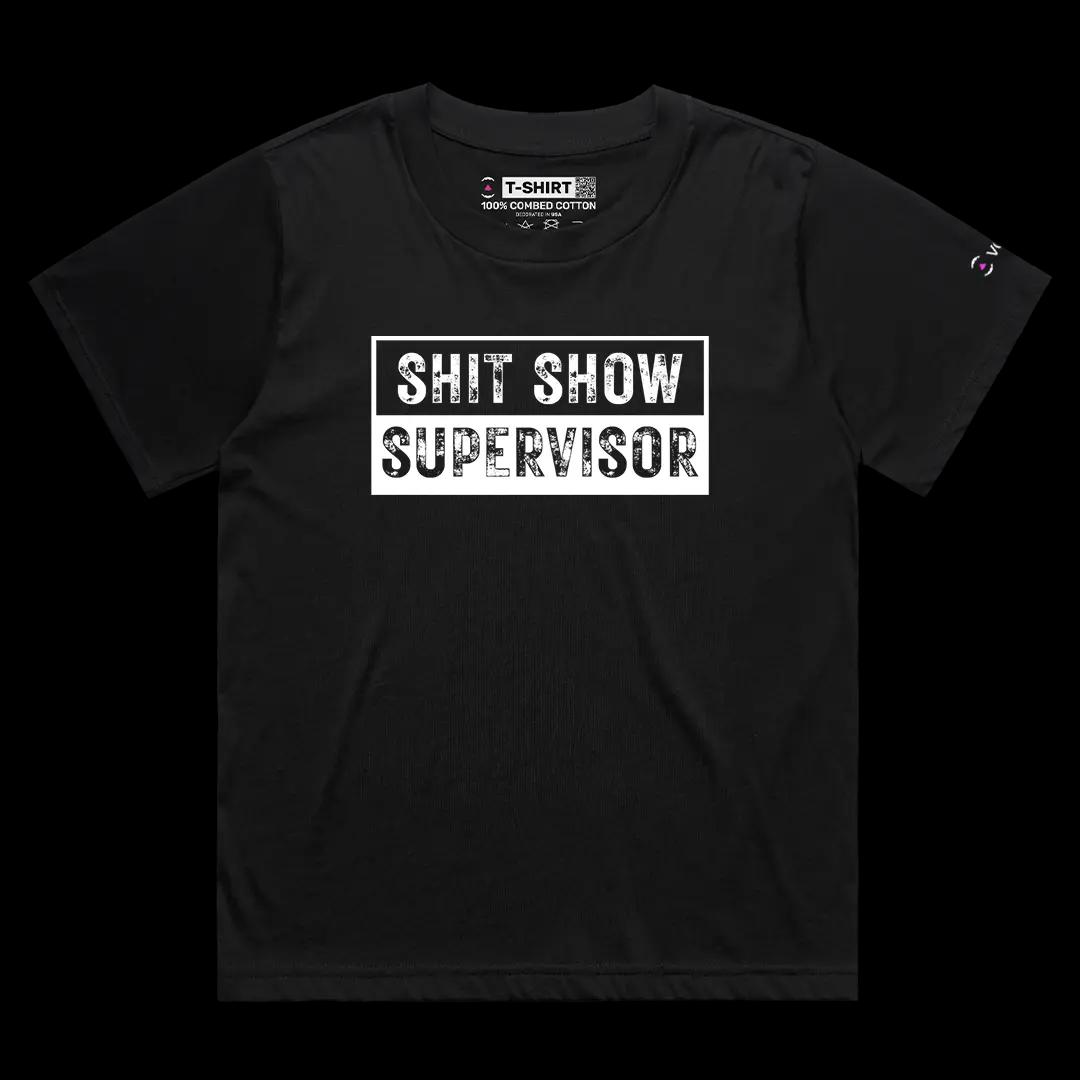 VOICEART Black Female Loose Shit Show Supervisor Funny Graphic Tee with Sarcastic Joke Short Sleeve Cotton T-Shirt