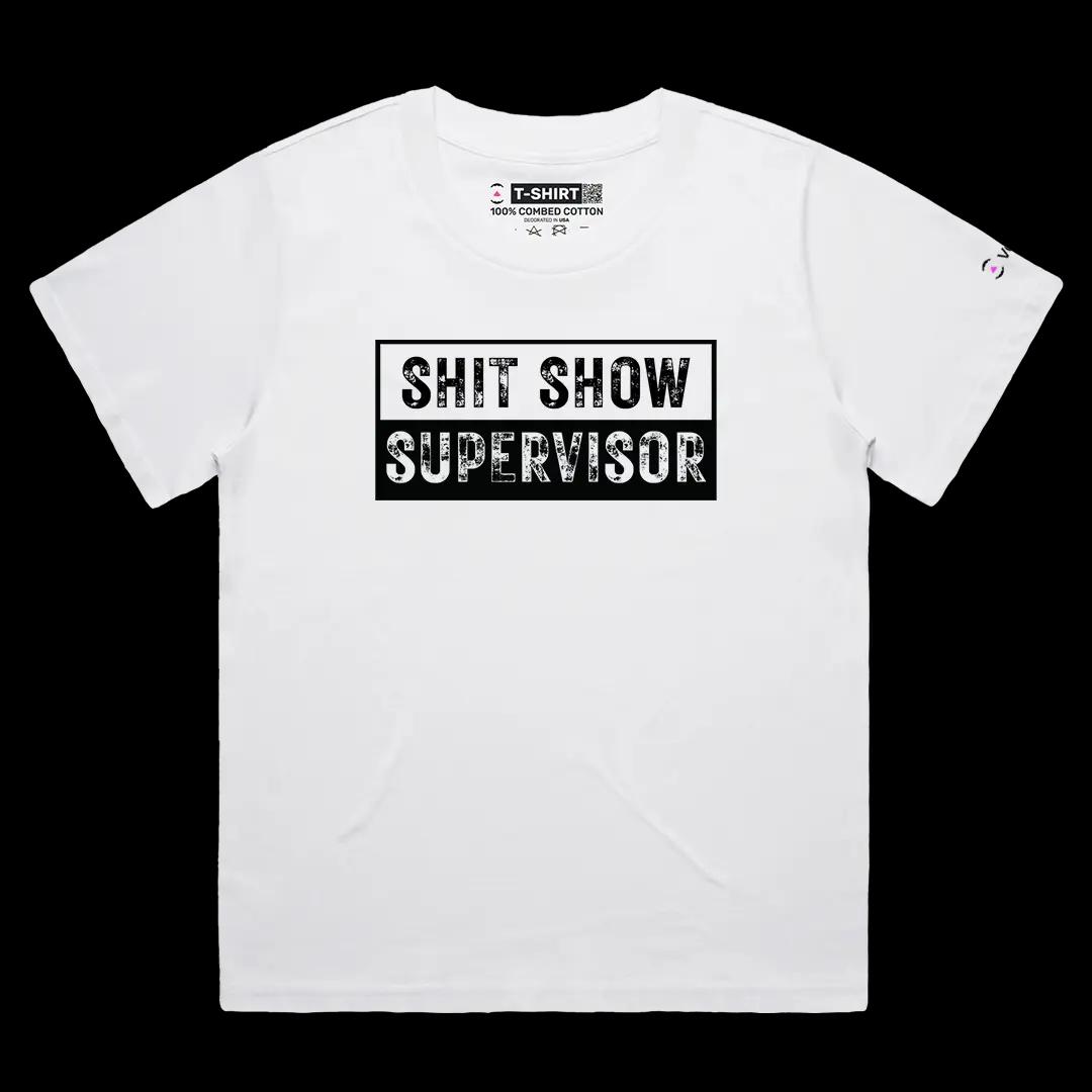 VOICEART White Female Loose Shit Show Supervisor Funny Graphic Tee with Sarcastic Joke Short Sleeve Cotton T-Shirt