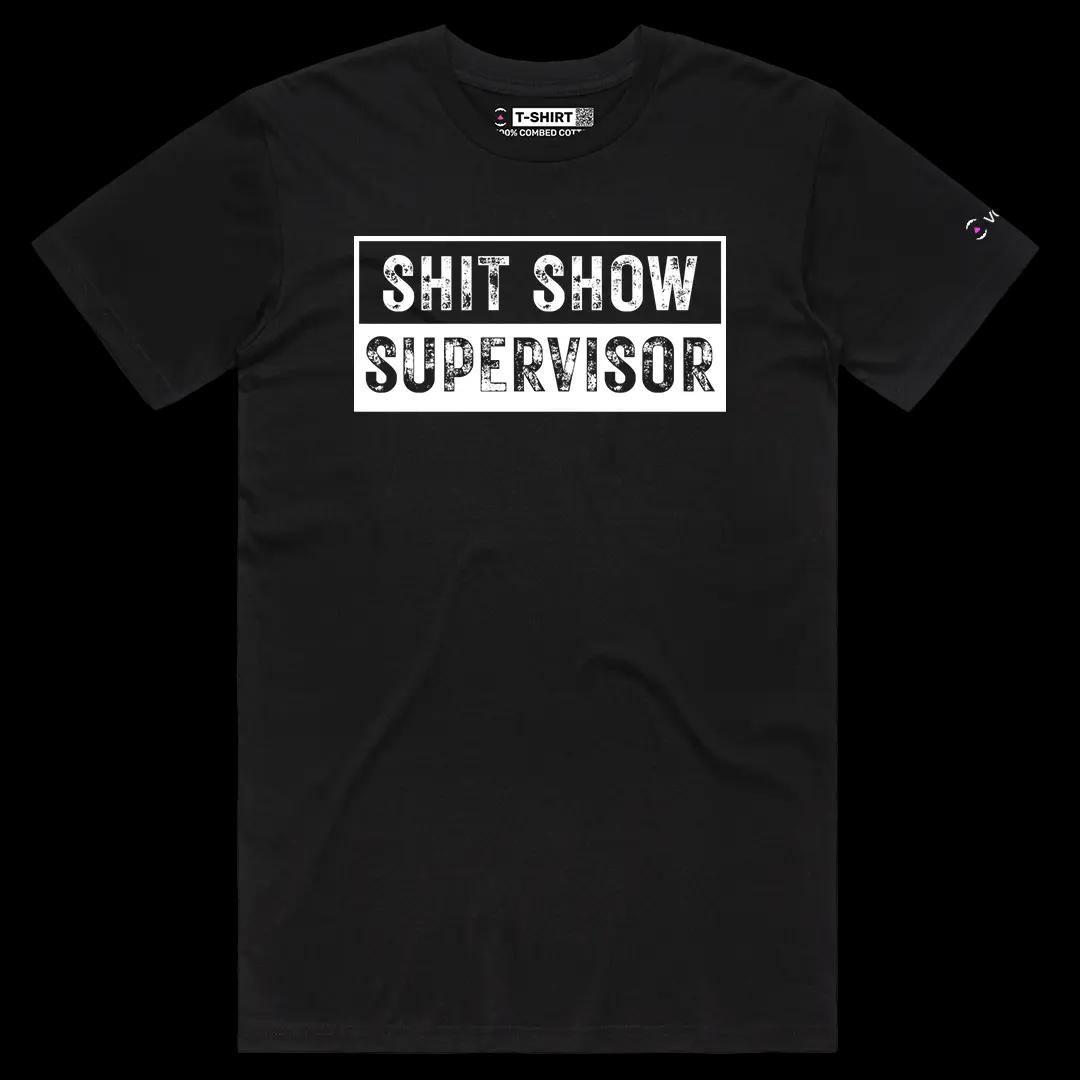 VOICEART Black Male Regular Shit Show Supervisor Funny Graphic Tee with Sarcastic Joke Short Sleeve Cotton T-Shirt