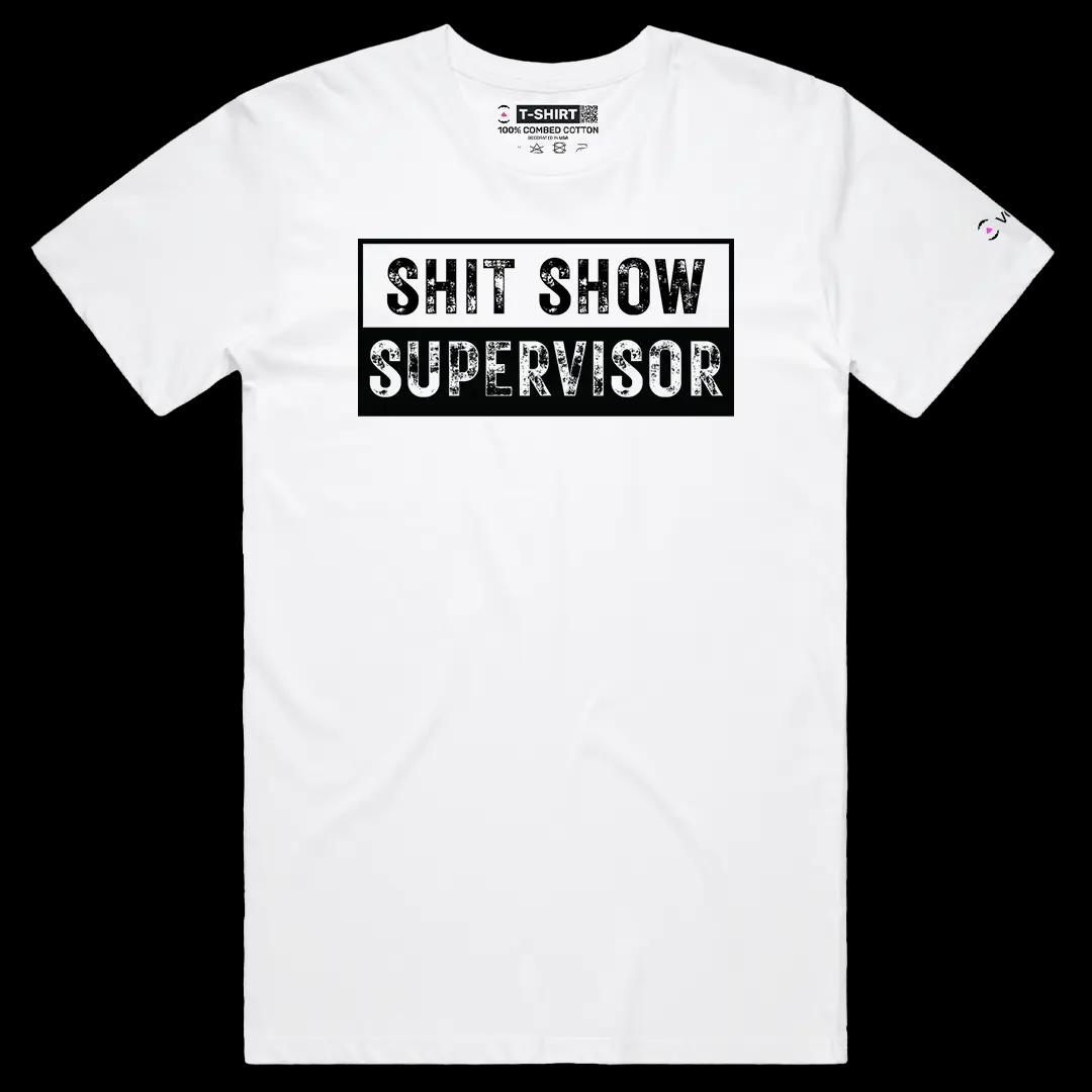 VOICEART White Male Regular Shit Show Supervisor Funny Graphic Tee with Sarcastic Joke Short Sleeve Cotton T-Shirt