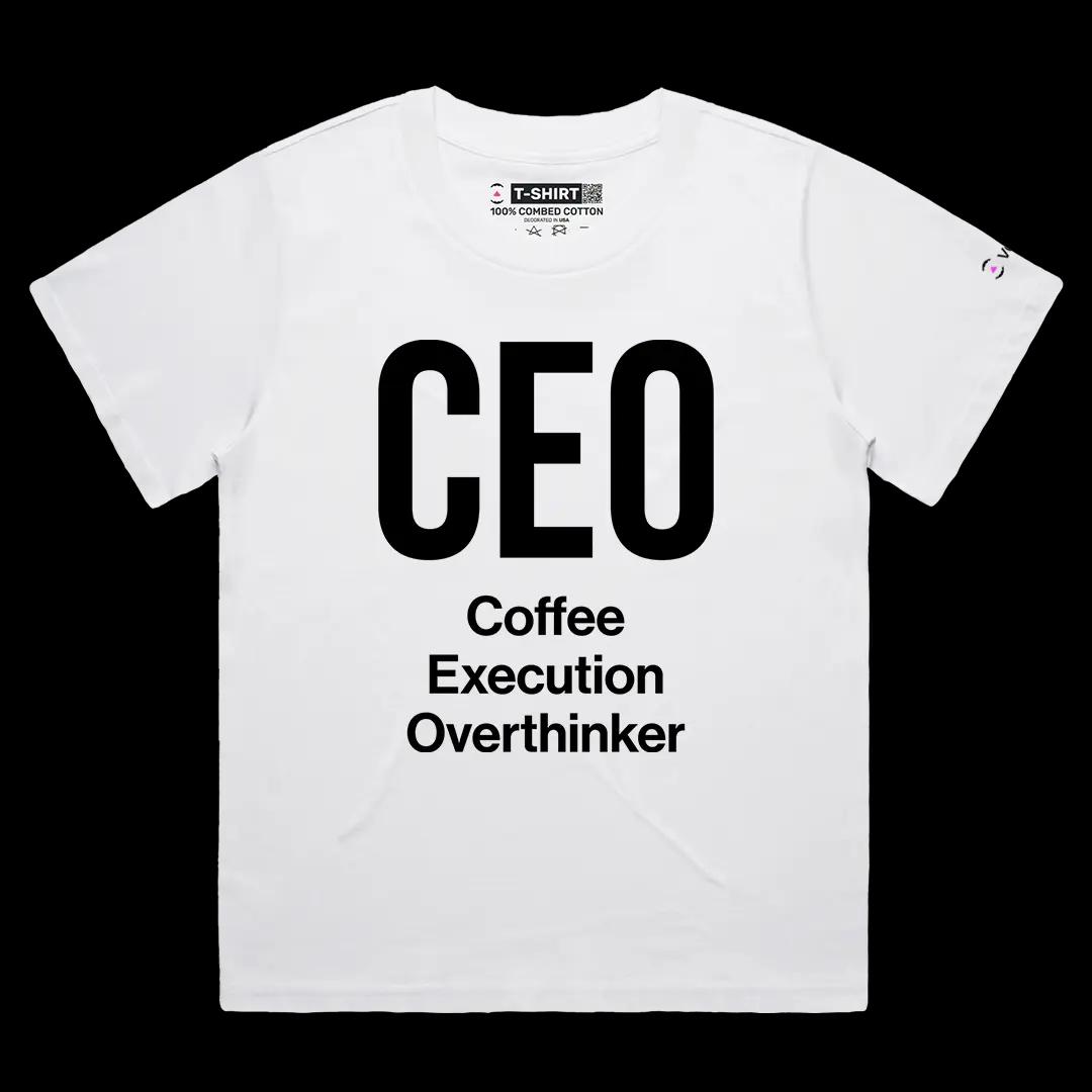 VOICEART White Female Loose CEO Coffee Execution Overthinker Funny Graphic Tee Short Sleeve T-Shirt for Men and Women