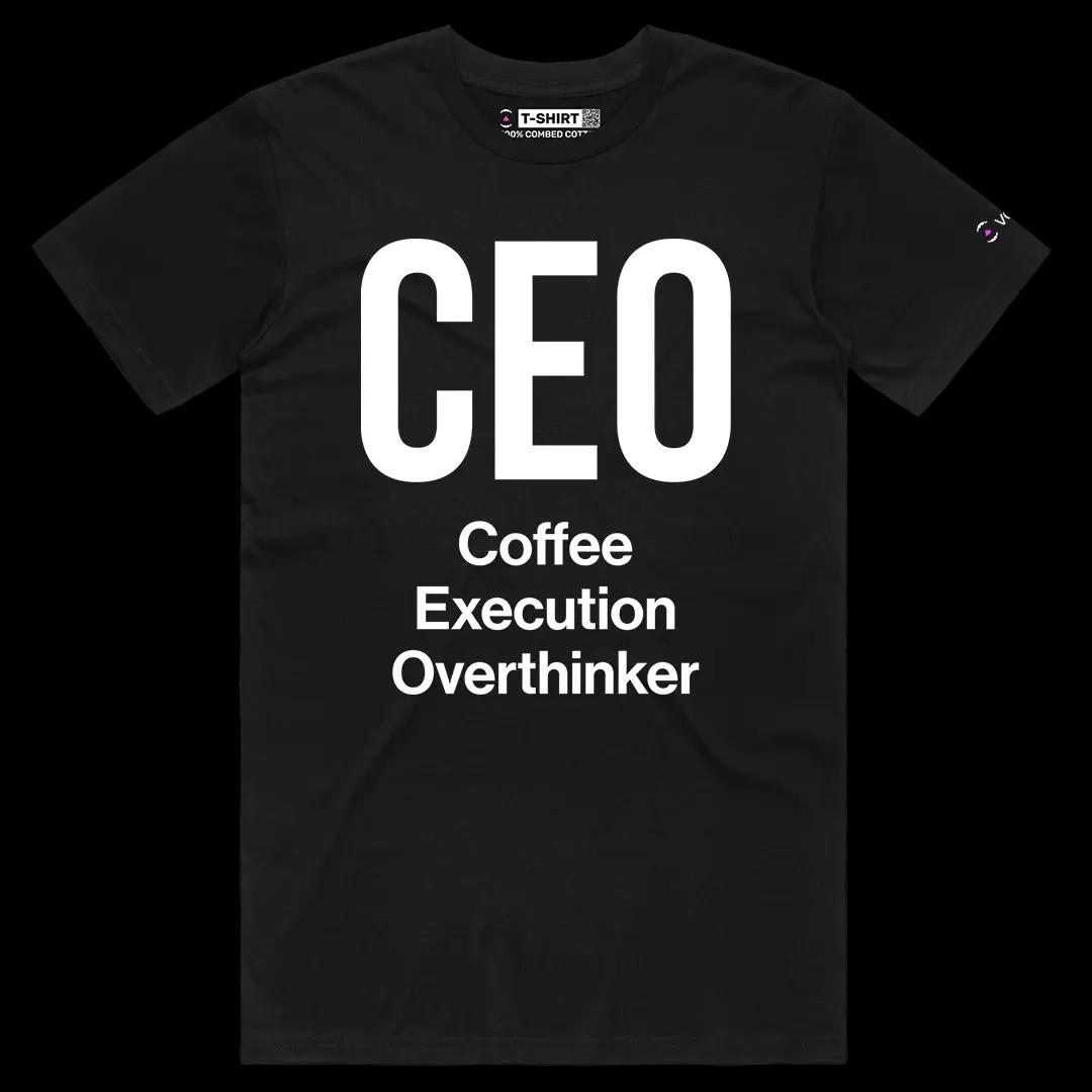 VOICEART Black Male Regular CEO Coffee Execution Overthinker Funny Graphic Tee Short Sleeve T-Shirt for Men and Women