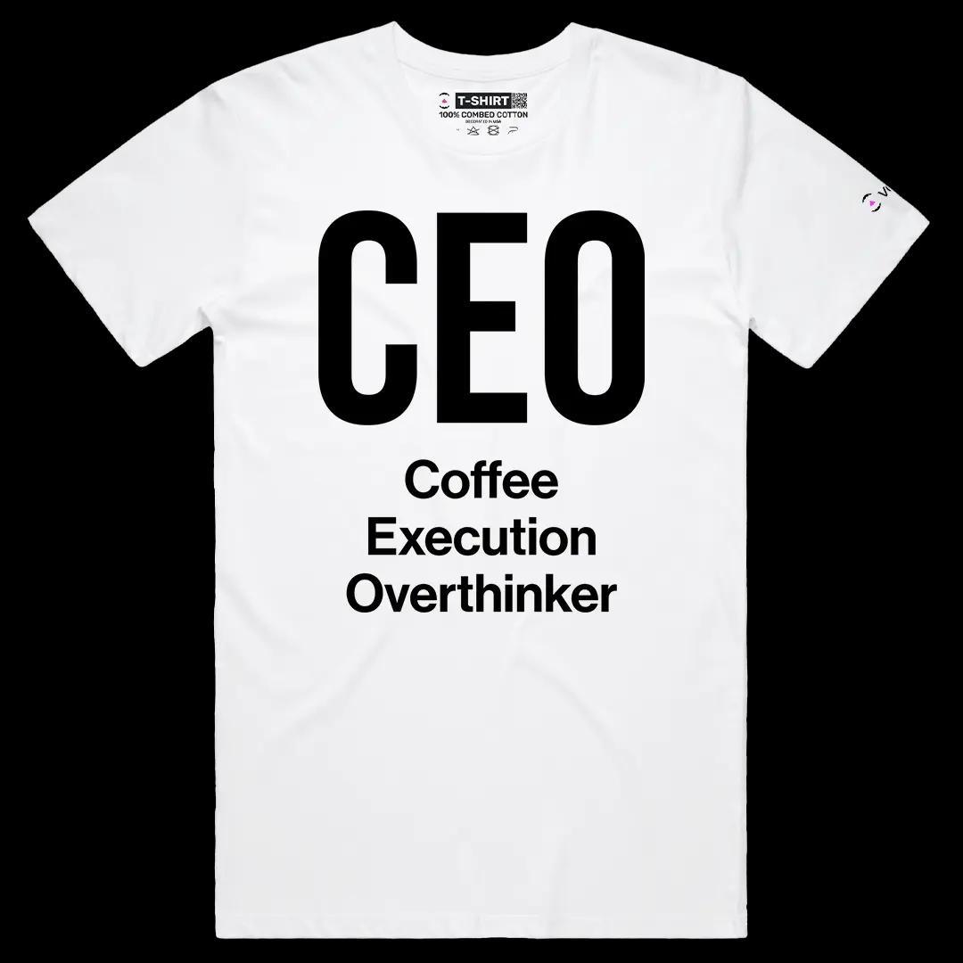 VOICEART White Male Regular CEO Coffee Execution Overthinker Funny Graphic Tee Short Sleeve T-Shirt for Men and Women