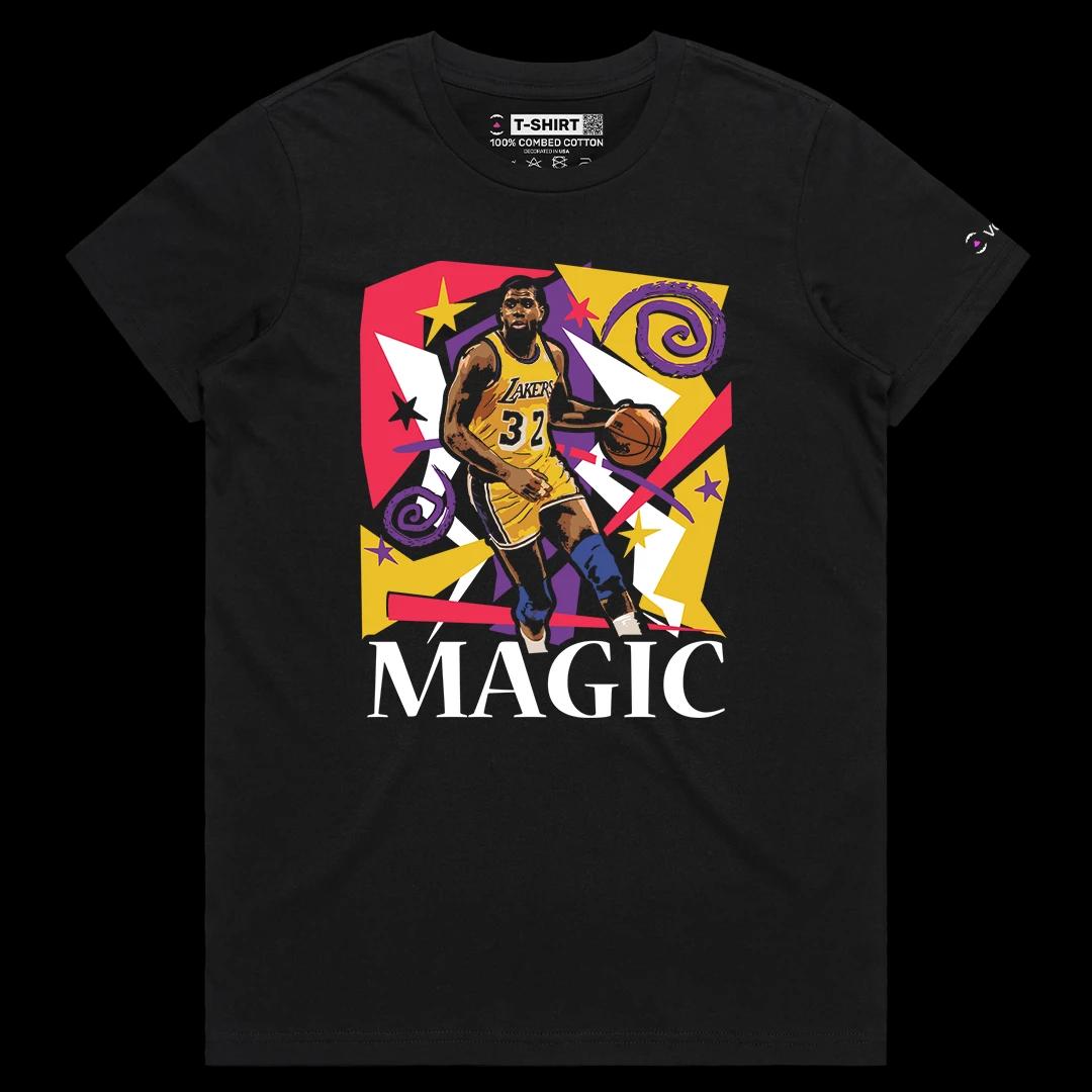 VOICEART Black Female Regular Vintage Magic Johnson LAL Graphic Tee for Old School Basketball Fans Short Sleeve Cotton Shirt