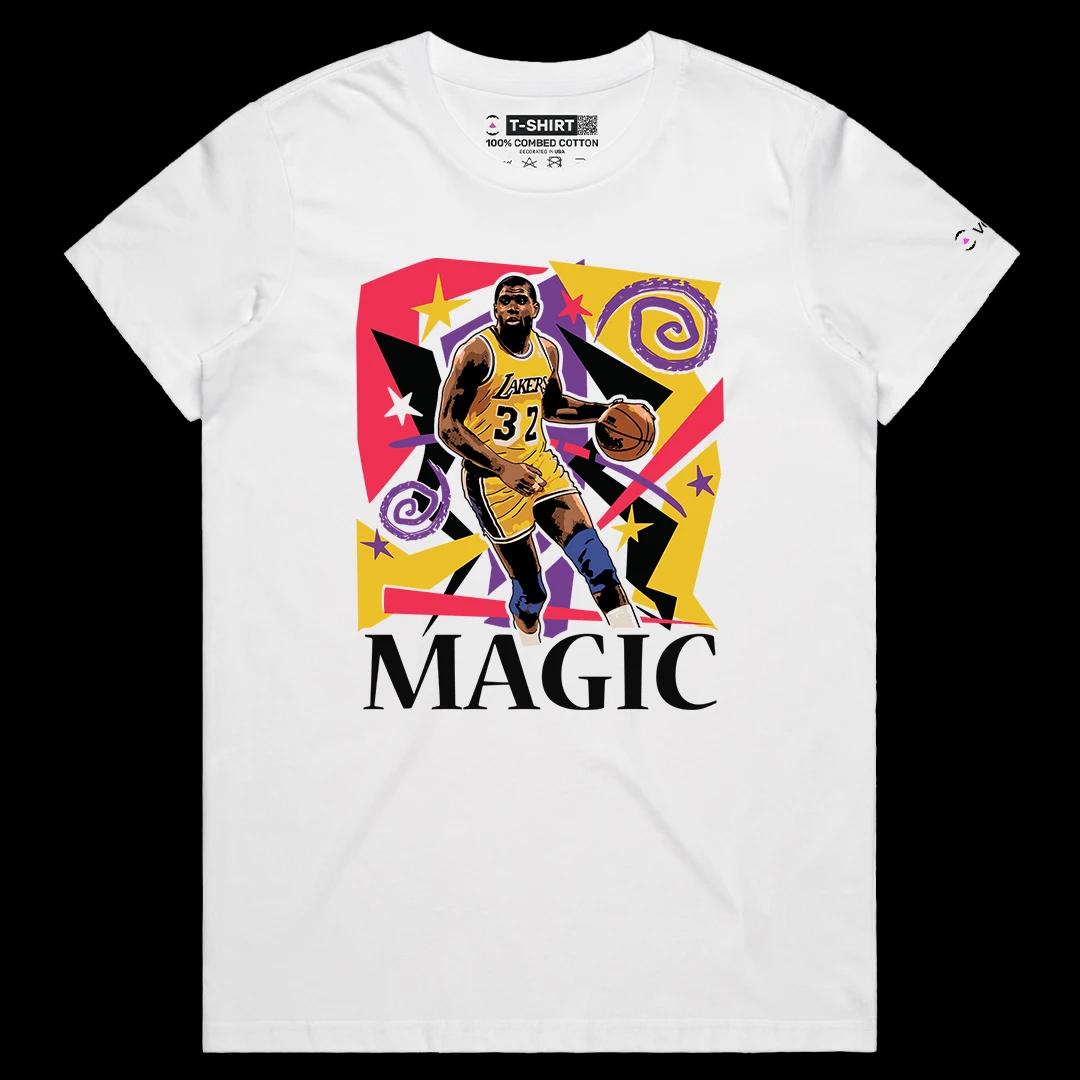 VOICEART White Female Regular Vintage Magic Johnson LAL Graphic Tee for Old School Basketball Fans Short Sleeve Cotton Shirt