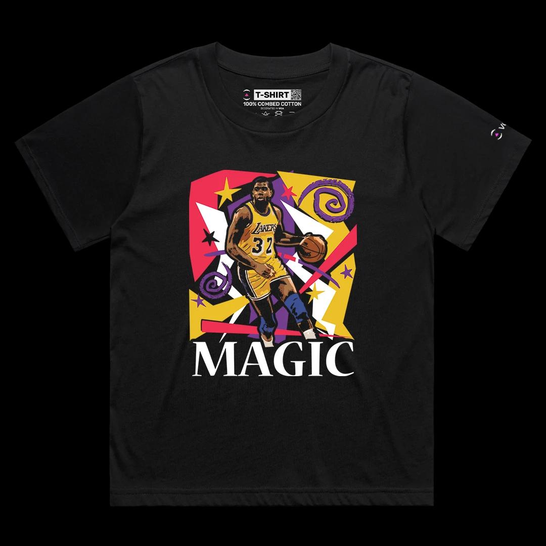 VOICEART Black Female Loose Vintage Magic Johnson LAL Graphic Tee for Old School Basketball Fans Short Sleeve Cotton Shirt