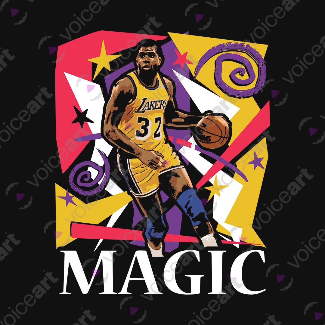 VOICEART Black Watermark Vintage Magic Johnson LAL Graphic Tee for Old School Basketball Fans Short Sleeve Cotton Shirt