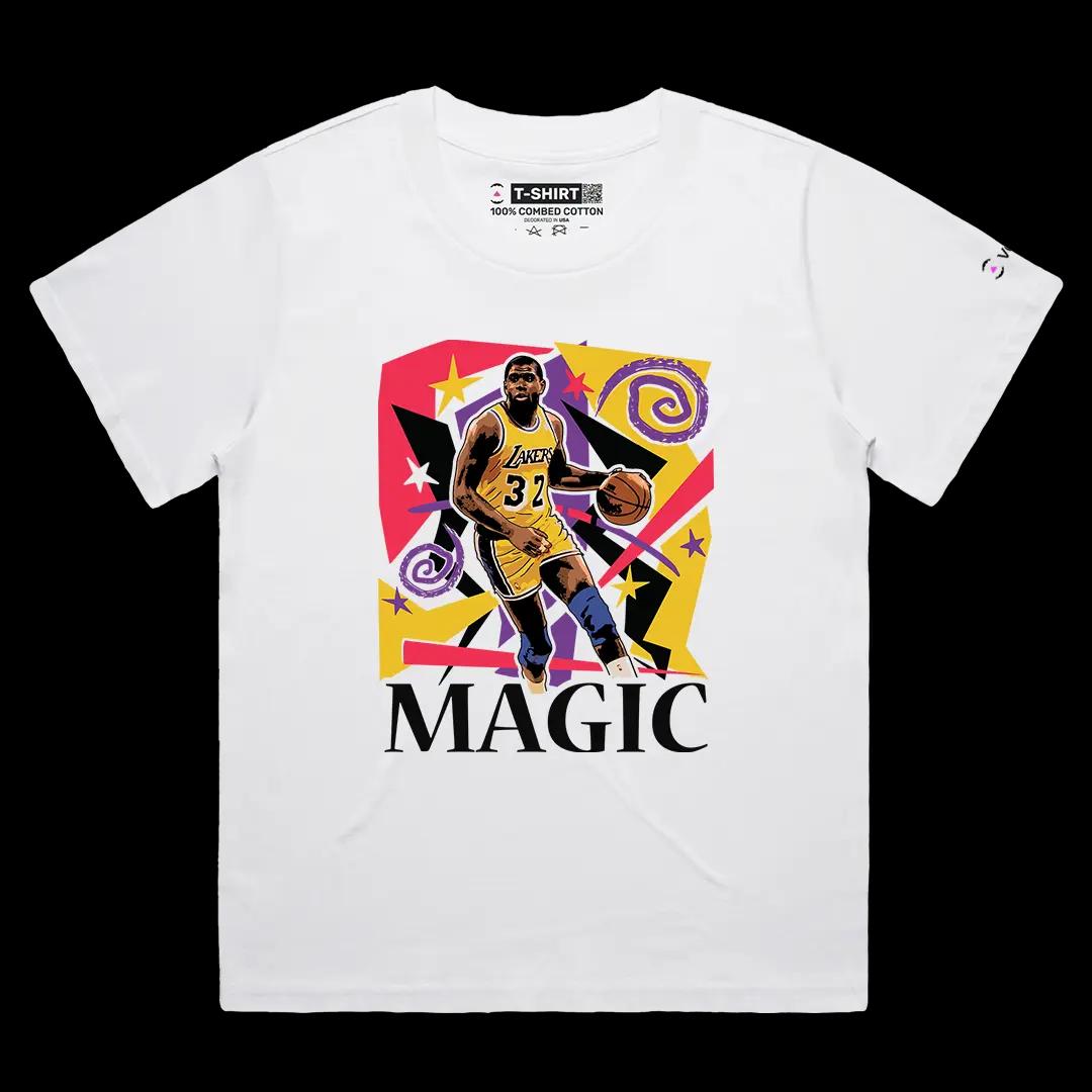 VOICEART White Female Loose Vintage Magic Johnson LAL Graphic Tee for Old School Basketball Fans Short Sleeve Cotton Shirt