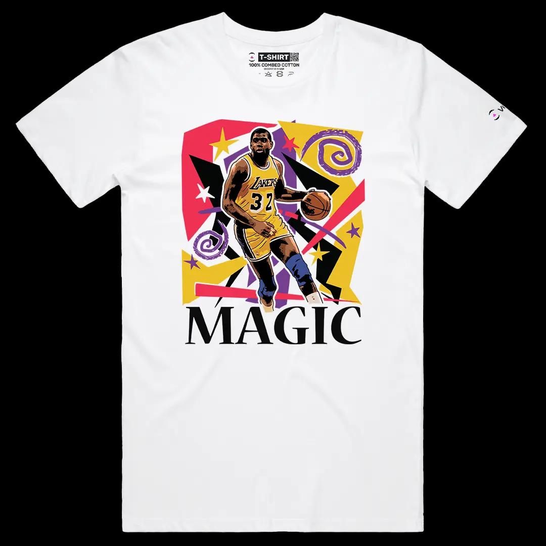 VOICEART White Male Regular Vintage Magic Johnson LAL Graphic Tee for Old School Basketball Fans Short Sleeve Cotton Shirt