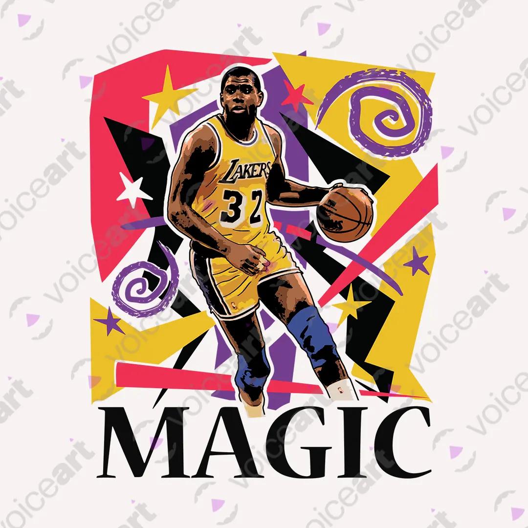 VOICEART White Watermark Vintage Magic Johnson LAL Graphic Tee for Old School Basketball Fans Short Sleeve Cotton Shirt