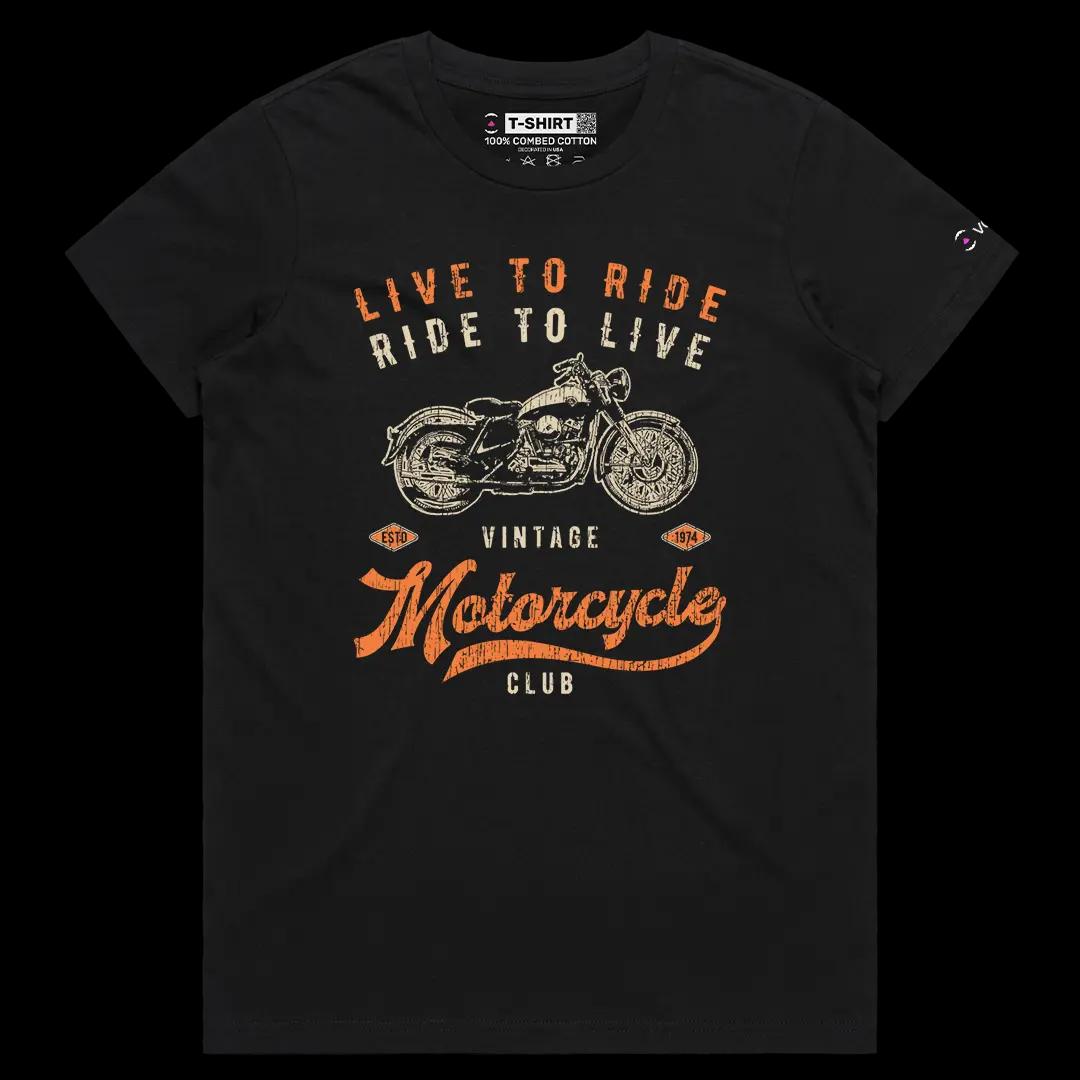VOICEART Black Female Regular Live To Ride Ride To Live Vintage Graphic Tee for Bike Lovers Short Combed Cotton T-Shirt