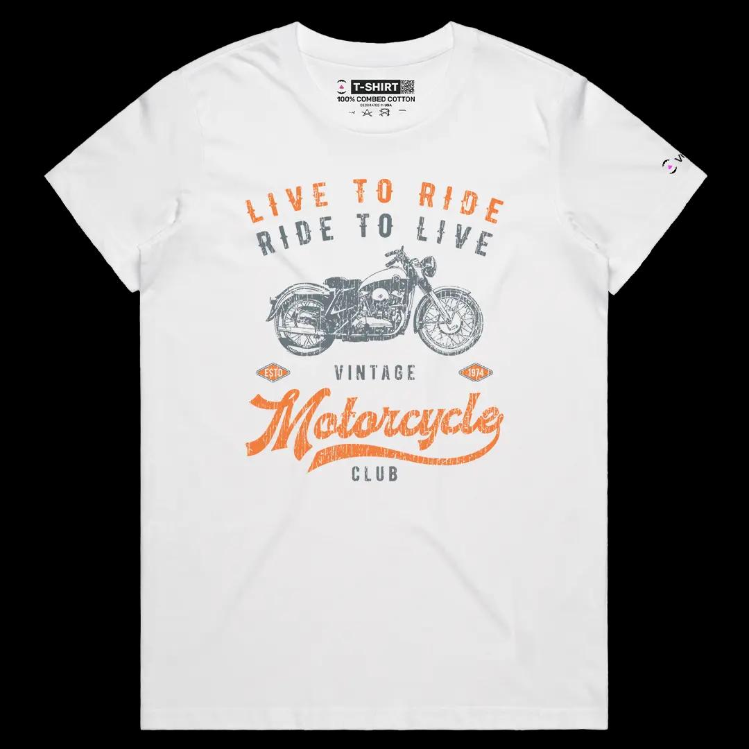 VOICEART White Female Regular Live To Ride Ride To Live Vintage Graphic Tee for Bike Lovers Short Combed Cotton T-Shirt