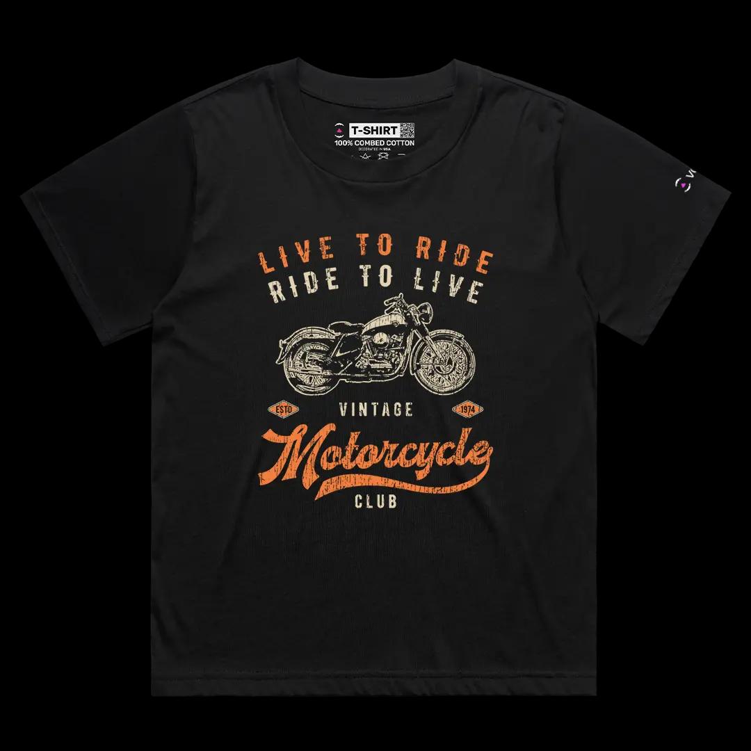 VOICEART Black Female Loose Live To Ride Ride To Live Vintage Graphic Tee for Bike Lovers Short Combed Cotton T-Shirt