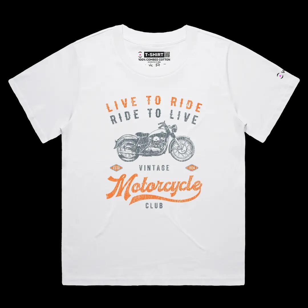 VOICEART White Female Loose Live To Ride Ride To Live Vintage Graphic Tee for Bike Lovers Short Combed Cotton T-Shirt