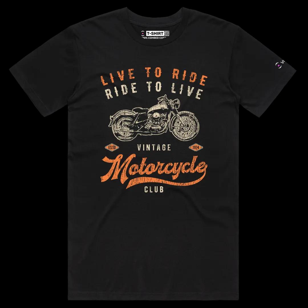 VOICEART Black Male Regular Live To Ride Ride To Live Vintage Graphic Tee for Bike Lovers Short Combed Cotton T-Shirt