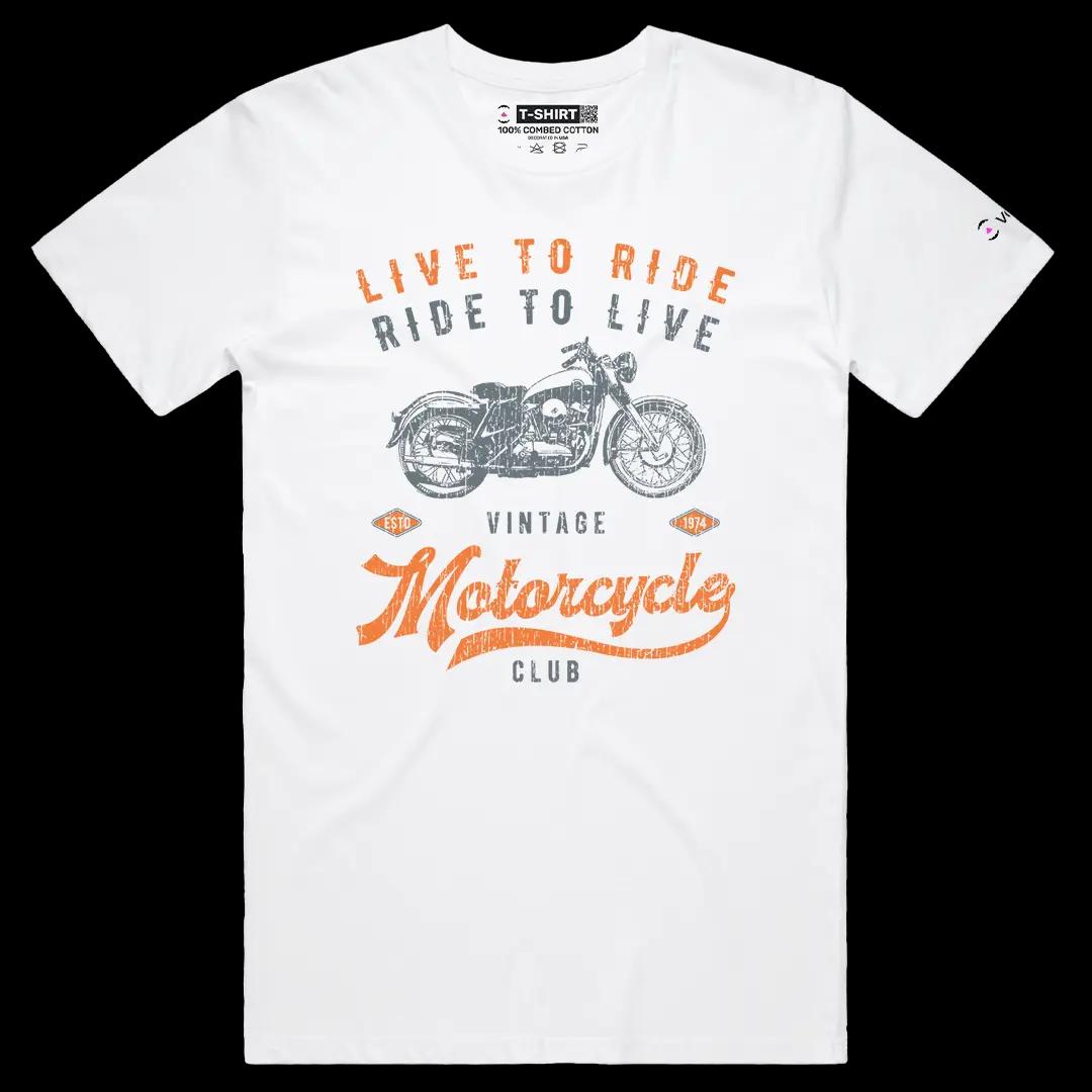 VOICEART White Male Regular Live To Ride Ride To Live Vintage Graphic Tee for Bike Lovers Short Combed Cotton T-Shirt
