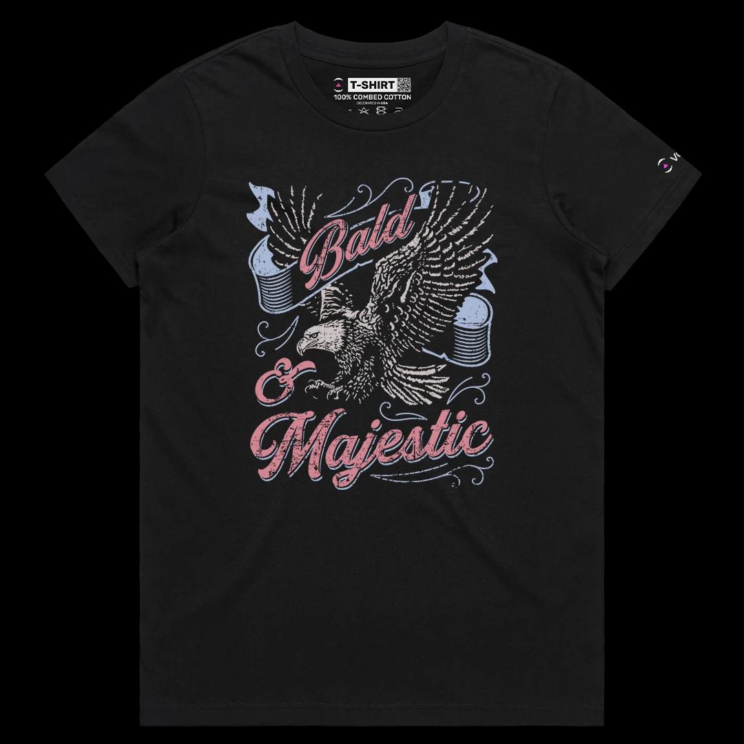VOICEART Black Female Regular Bald and Majestic Eagle Funny Graphic Tee with Patriotic Design Short Sleeve Cotton T-Shirt