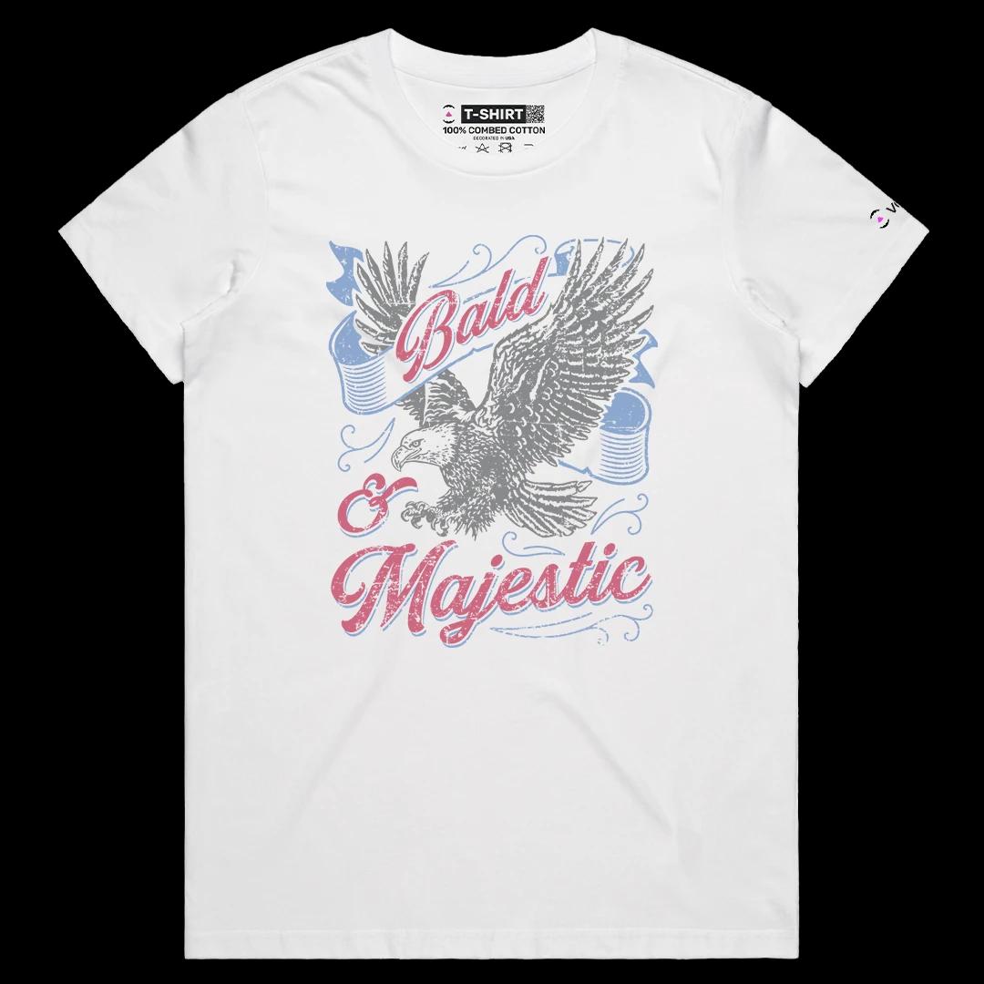 VOICEART White Female Regular Bald and Majestic Eagle Funny Graphic Tee with Patriotic Design Short Sleeve Cotton T-Shirt