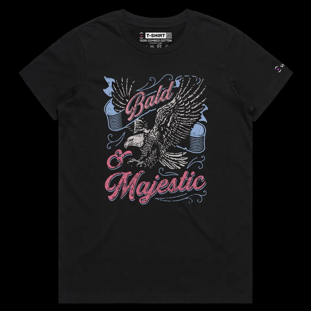 VOICEART Black Female Regular Bald and Majestic Eagle Funny Graphic Tee with Patriotic Design Short Sleeve Cotton T-Shirt