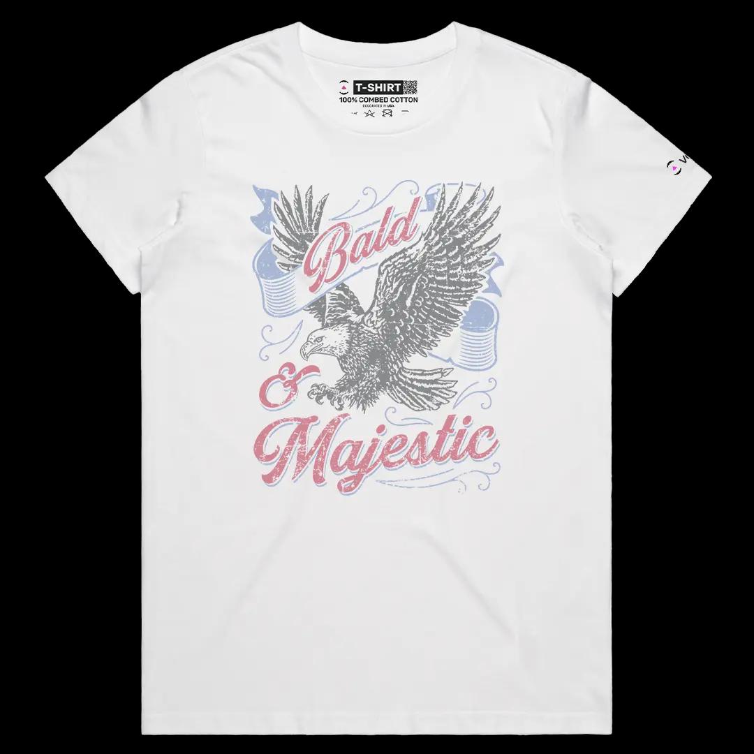 VOICEART White Female Regular Bald and Majestic Eagle Funny Graphic Tee with Patriotic Design Short Sleeve Cotton T-Shirt