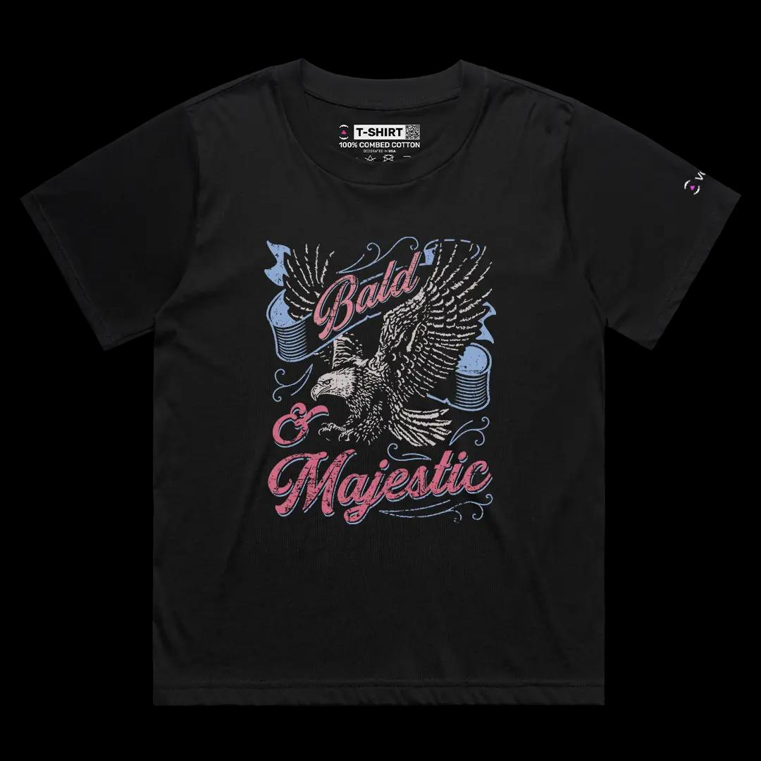 VOICEART Black Female Loose Bald and Majestic Eagle Funny Graphic Tee with Patriotic Design Short Sleeve Cotton T-Shirt