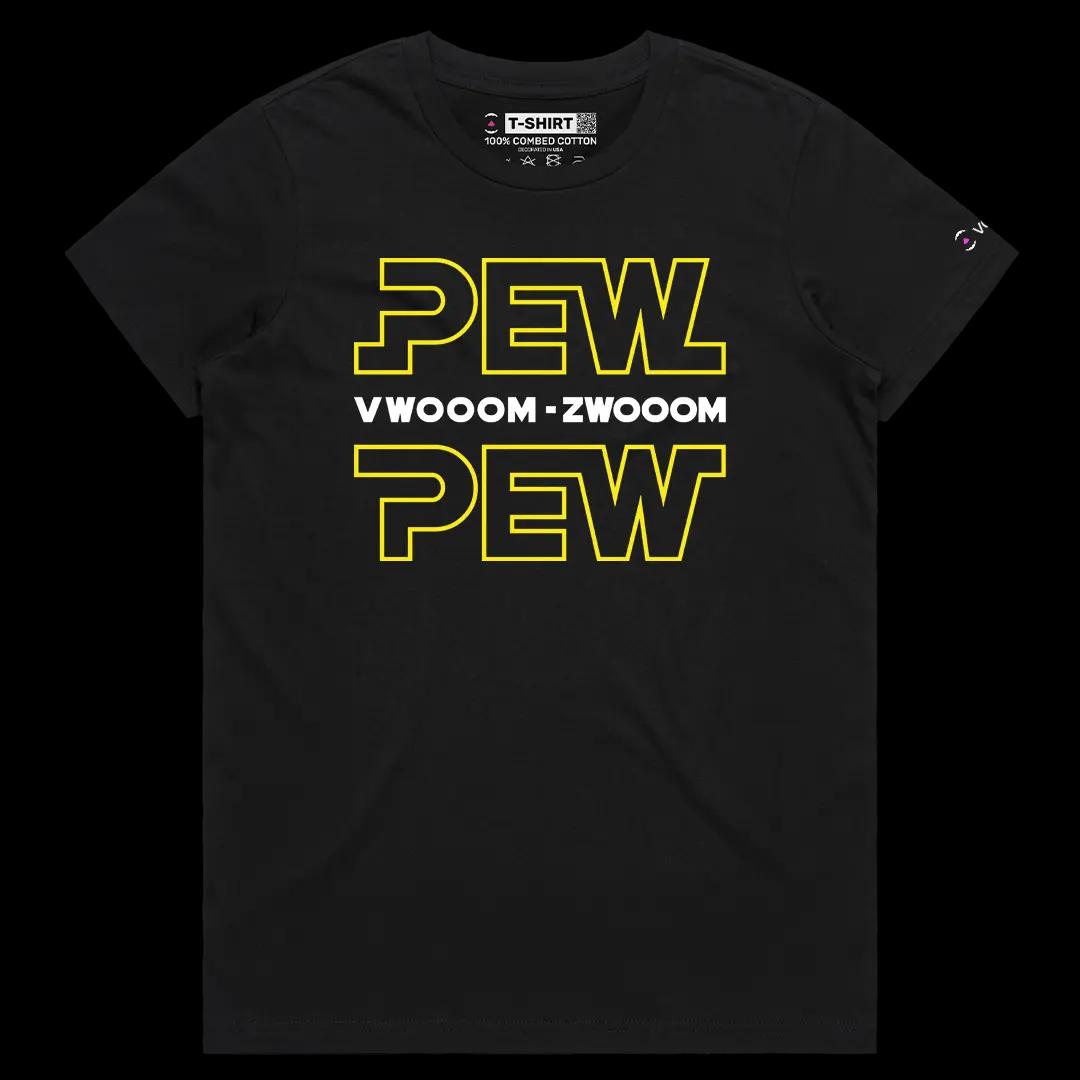 VOICEART Black Female Regular Pew Pew Effects Funny Graphic Tee for Movie Fans Short Combed Cotton T-Shirt for Men and Women
