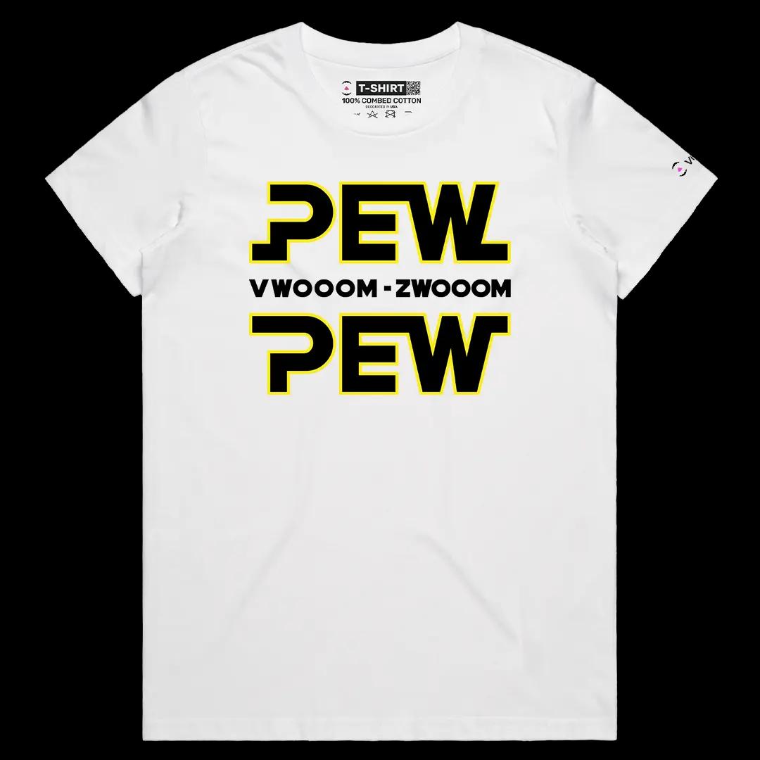 VOICEART White Female Regular Pew Pew Effects Funny Graphic Tee for Movie Fans Short Combed Cotton T-Shirt for Men and Women