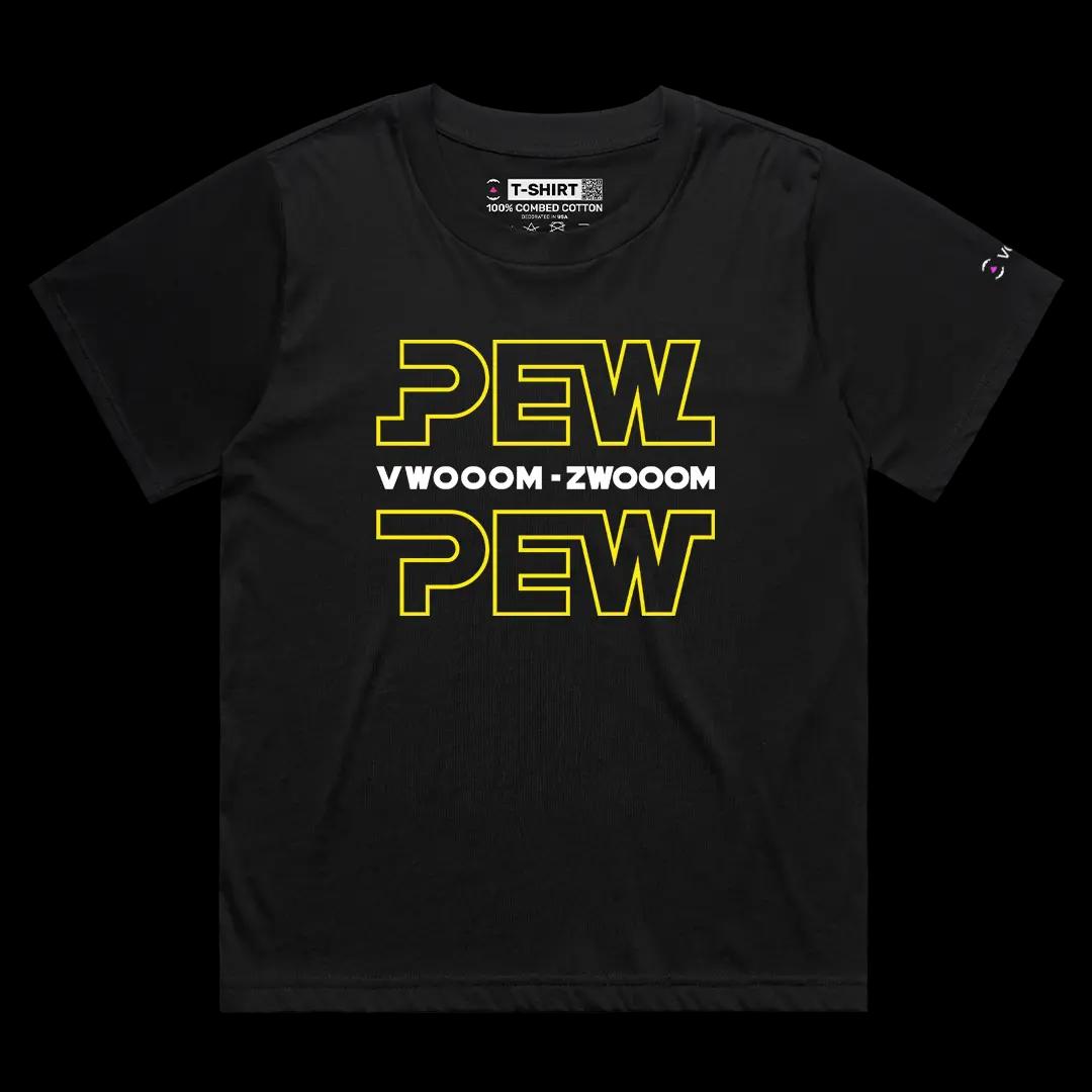 VOICEART Black Female Loose Pew Pew Effects Funny Graphic Tee for Movie Fans Short Combed Cotton T-Shirt for Men and Women