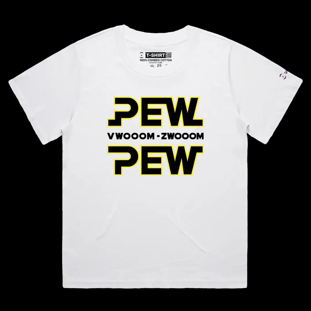 VOICEART White Female Loose Pew Pew Effects Funny Graphic Tee for Movie Fans Short Combed Cotton T-Shirt for Men and Women