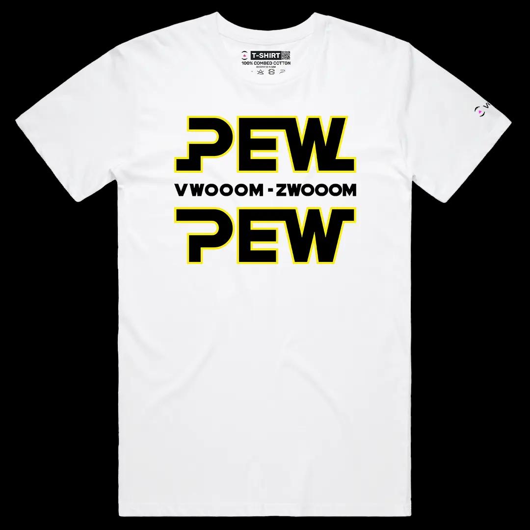 VOICEART White Male Regular Pew Pew Effects Funny Graphic Tee for Movie Fans Short Combed Cotton T-Shirt for Men and Women