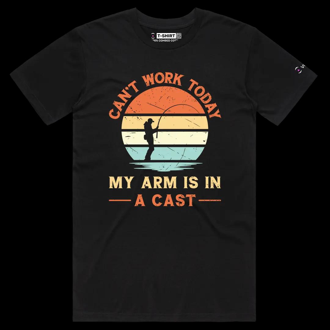 VOICEART Black Male Regular Cannot Work Today My Arm Is In a Cast Funny Graphic Tee Fisherman Short Sleeve Cotton T-Shirt