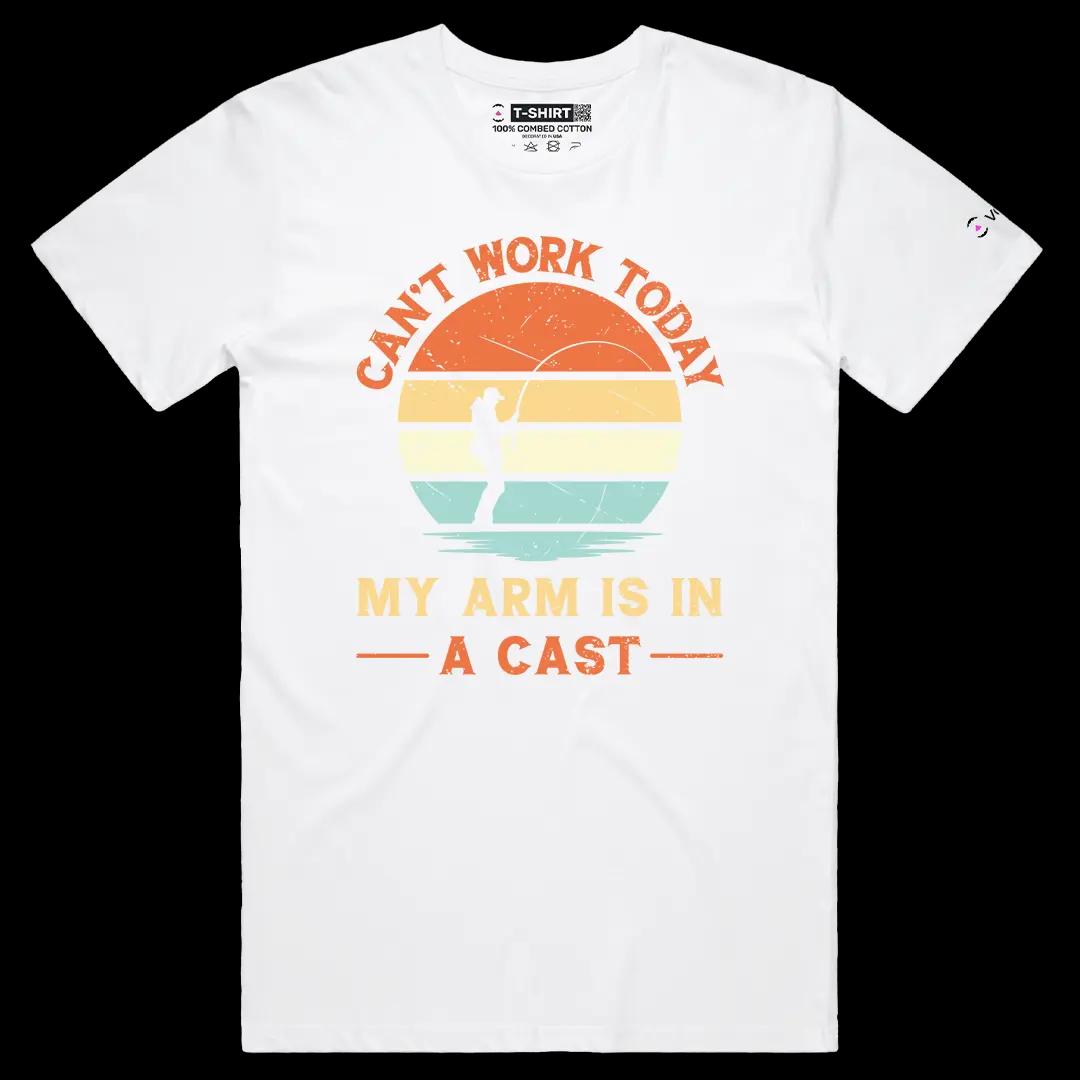 VOICEART White Male Regular Cannot Work Today My Arm Is In a Cast Funny Graphic Tee Fisherman Short Sleeve Cotton T-Shirt
