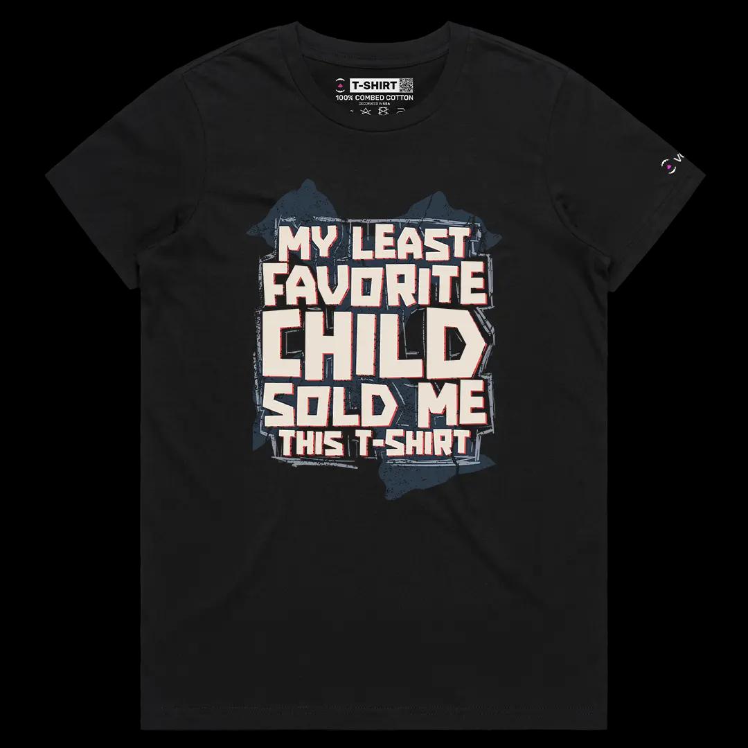 VOICEART Black Female Regular My Least Favorite Child Funny Graphic Tee with Sarcastic Joke Short Sleeve Cotton T-Shirt