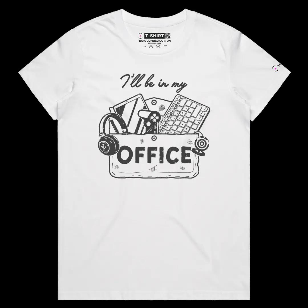 VOICEART White Female Regular I Will Be In My Office IT Equipment Funny Graphic Tee Combed Cotton T-Shirt for Men and Women