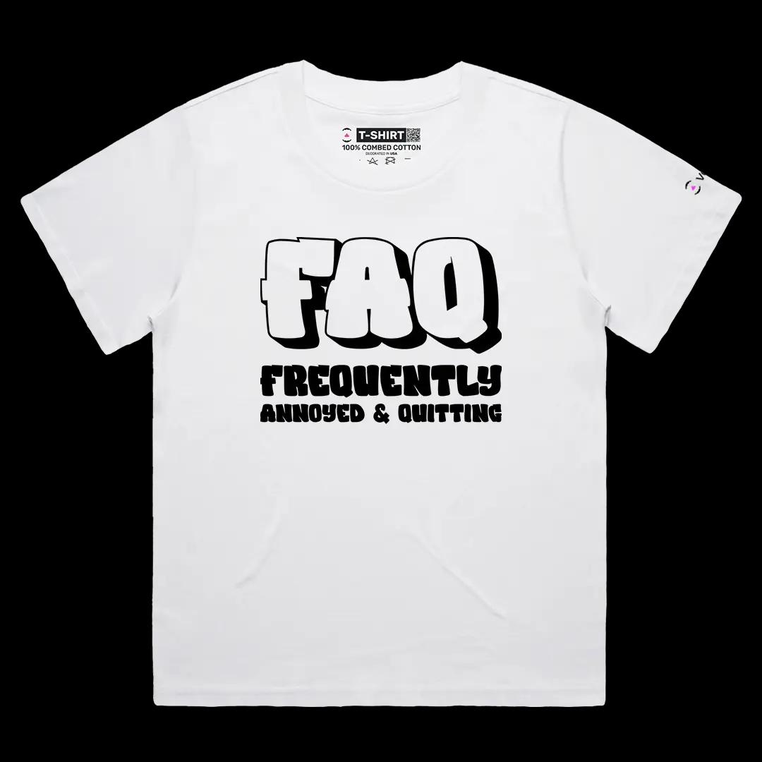 VOICEART White Female Loose FAQ Frequently Annoyed Quitting Meme Tee Joke Short Sleeve Cotton T-Shirt for Men and Women
