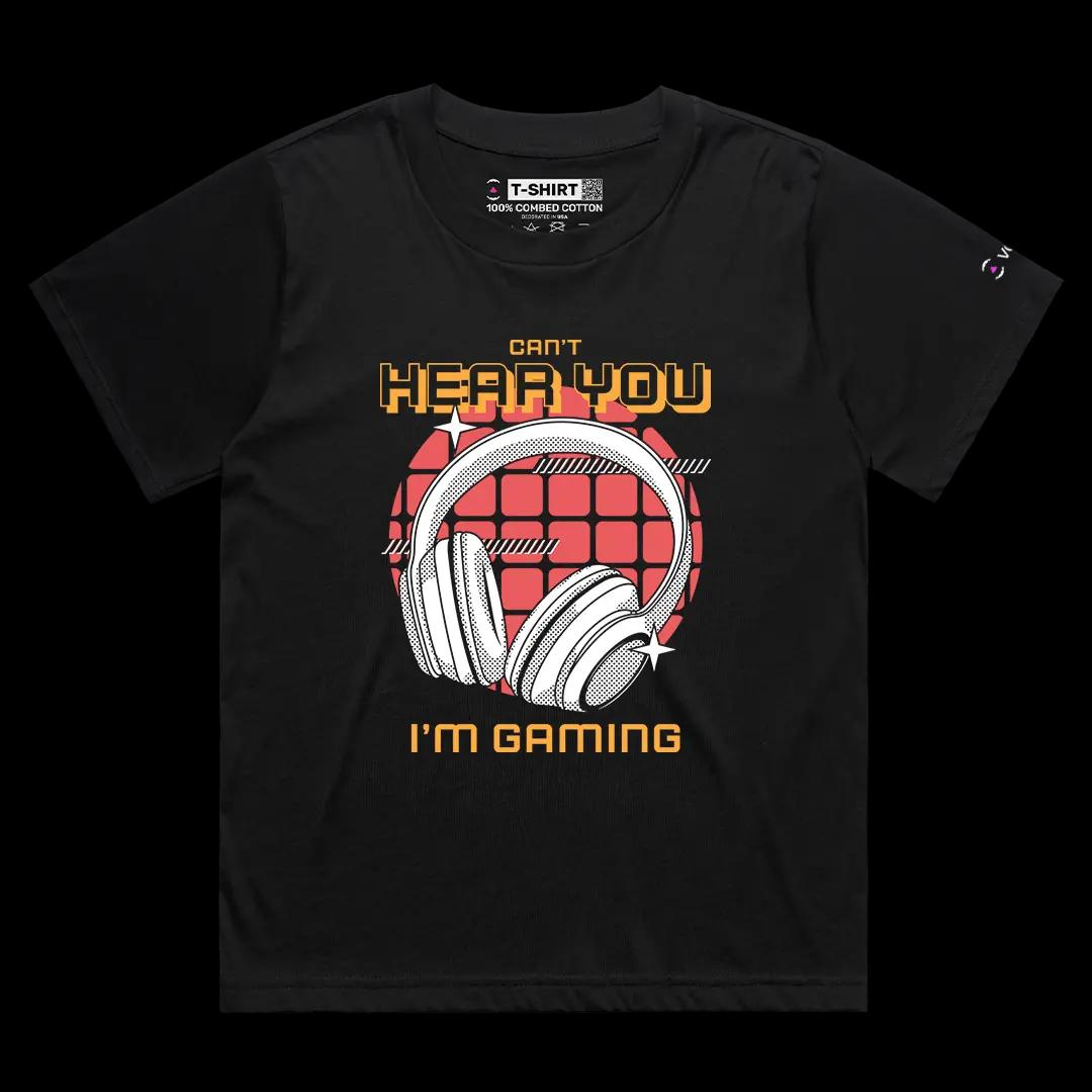 VOICEART Black Female Loose Cannot Hear You I Am Gaming Funny Graphic Tee for Gamers Short Cotton T-Shirt for Men and Women