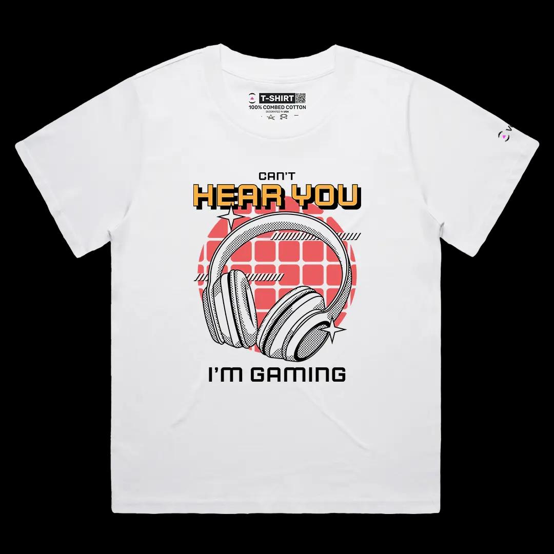 VOICEART White Female Loose Cannot Hear You I Am Gaming Funny Graphic Tee for Gamers Short Cotton T-Shirt for Men and Women