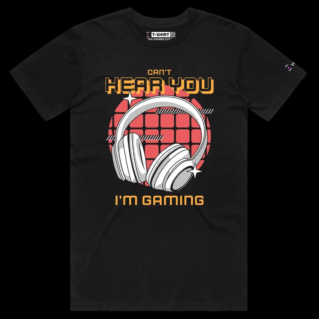 VOICEART Black Male Regular Cannot Hear You I Am Gaming Funny Graphic Tee for Gamers Short Cotton T-Shirt for Men and Women