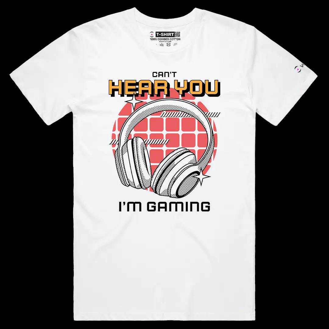 VOICEART White Male Regular Cannot Hear You I Am Gaming Funny Graphic Tee for Gamers Short Cotton T-Shirt for Men and Women