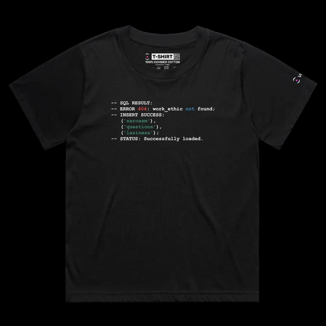 VOICEART Black Female Loose SQL Sarcasm Questions Laziness Funny Graphic Tee with Sarcastic Joke Short Cotton T-Shirt