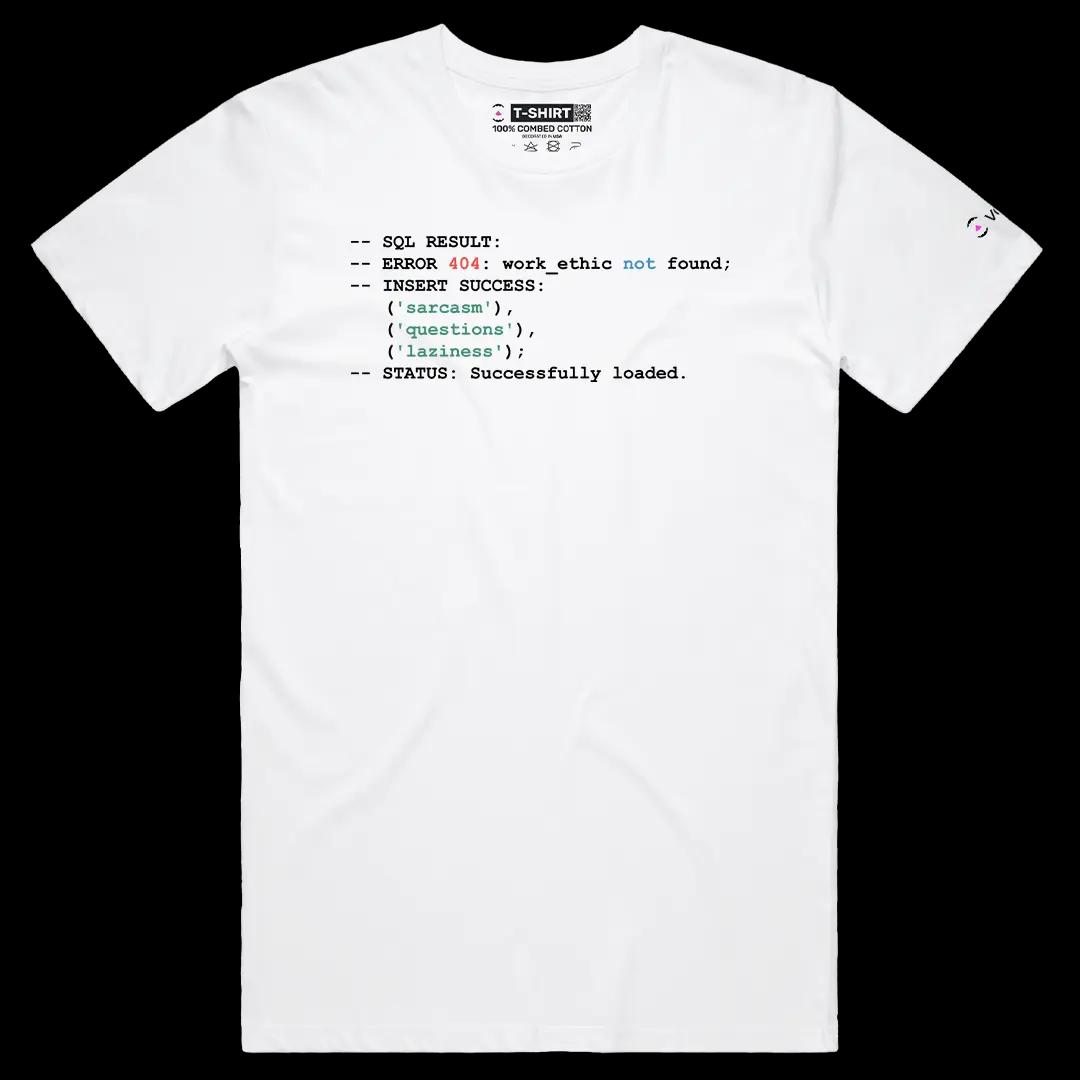 VOICEART White Male Regular SQL Sarcasm Questions Laziness Funny Graphic Tee with Sarcastic Joke Short Cotton T-Shirt