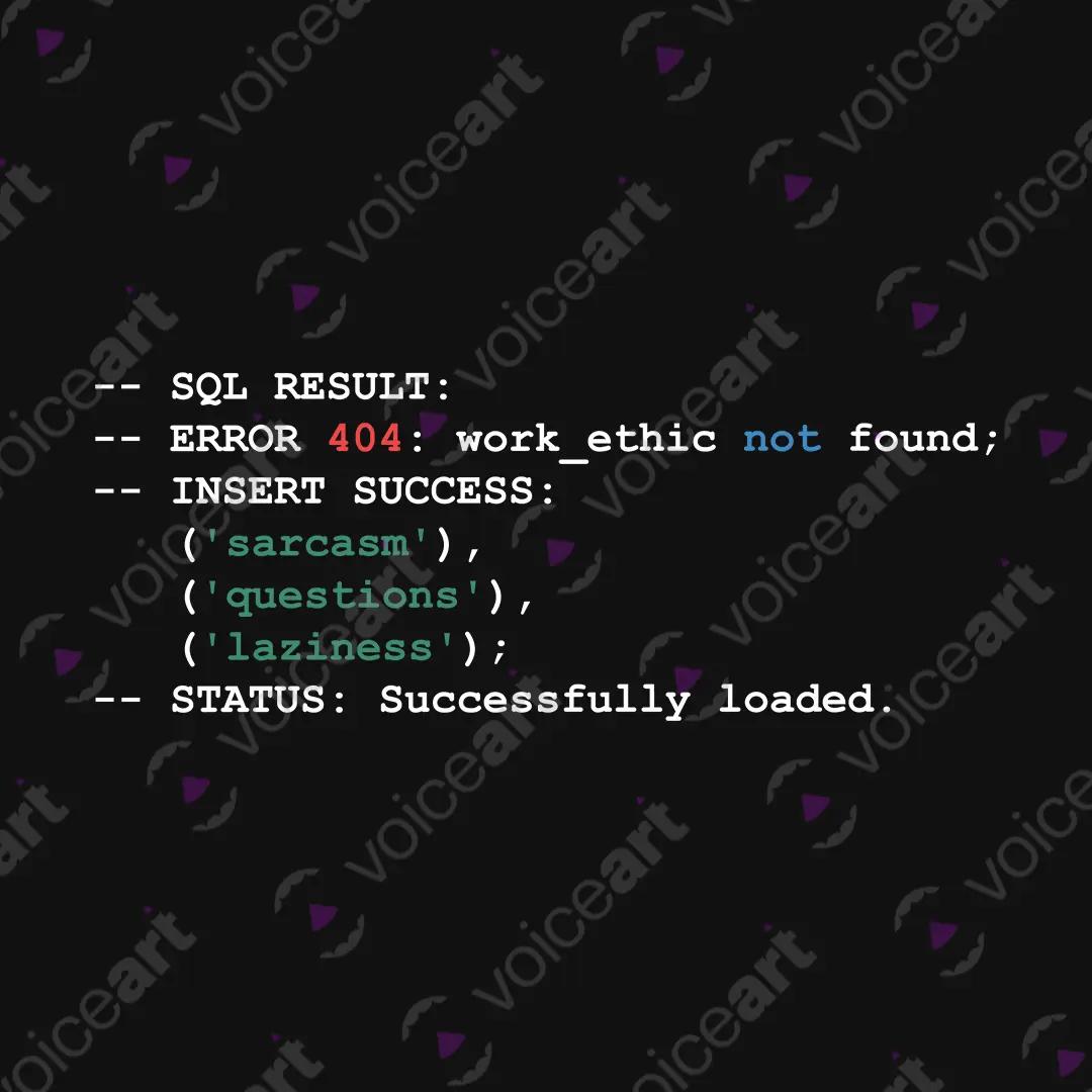 VOICEART Black Watermark SQL Sarcasm Questions Laziness Funny Graphic Tee with Sarcastic Joke Short Cotton T-Shirt