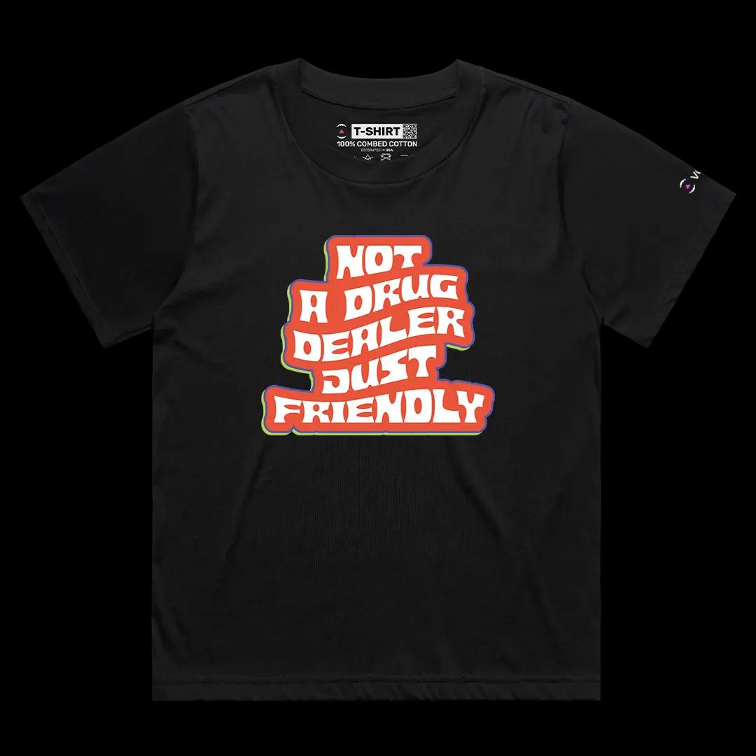 VOICEART Black Female Loose Not a Drug Dealer Just Friendly Funny Graphic Meme Tee Short Cotton T-Shirt for Men and Women