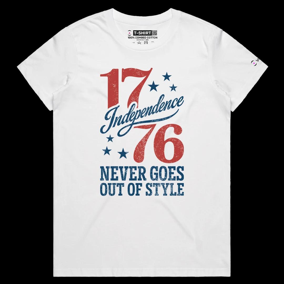 VOICEART White Female Regular Independence Never Goes Out of Style Graphic Tee Short Sleeve 4th of July T-Shirt Men and Women