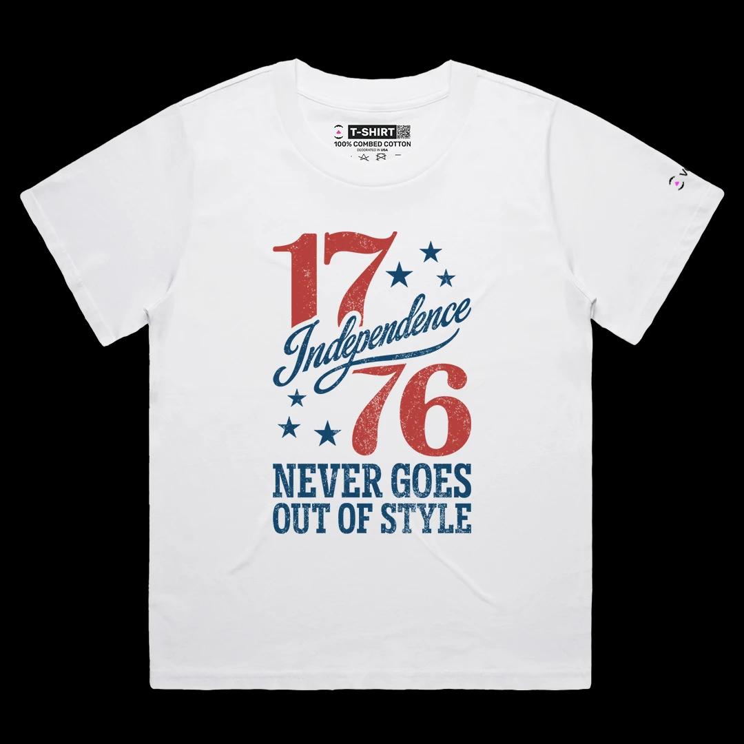 VOICEART White Female Loose Independence Never Goes Out of Style Graphic Tee Short Sleeve 4th of July T-Shirt Men and Women