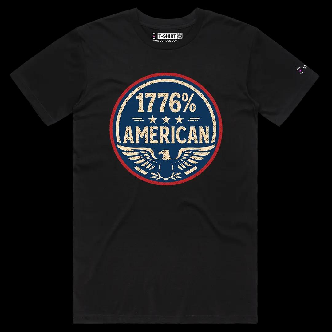 VOICEART Black Male Regular 1776 Percent American Independence Day Graphic Tee Sleeve Cotton T-Shirt for Men and Women