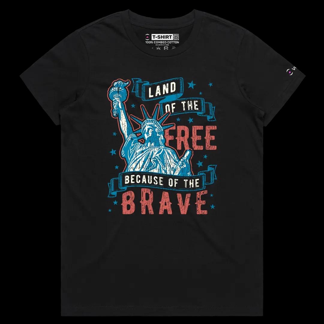 VOICEART Black Female Regular Lady Liberty Land of the Free Independence Day Graphic Tee Short T-Shirt for Men and Women